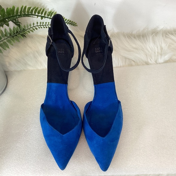 ZARA ANKLE STRAP POINTY TOE HEELS VEGAN LEATHER BLUE BLACK SZ EUR 39 US 9 - Picture 6 of 9